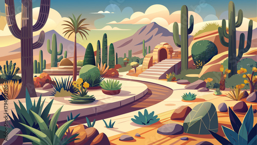 Very beautiful desert garden with sculptural cacti, drought-tolerant succulents, and soft sandy pathways, showcasing harmonious shapes, warm earthy tones, and the serene elegance of resilient desert f