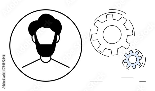 Male profile avatar in a circle paired with spinning gear icons, suggesting collaboration, process management, self-improvement, and innovation. Ideal for identity, teamwork, progress, and a simple