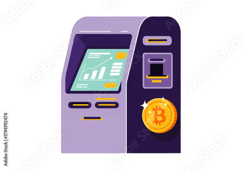 Illustration of a Bitcoin ATM with a screen displaying financial charts and a gold Bitcoin coin beside it.