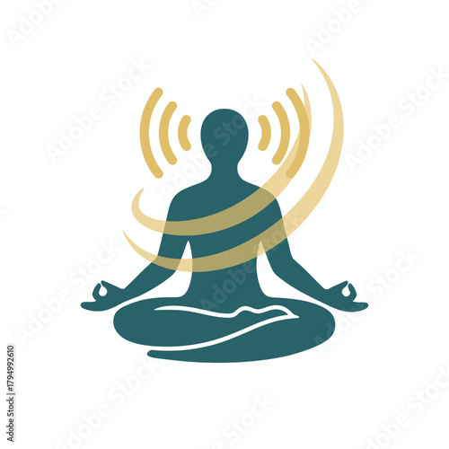 Serene silhouette meditating with radiating energy waves symbolizing mindfulness and inner peace, perfect for wellness brands.