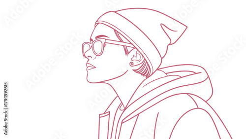 Stylish young adult outline art with beanie and glasses looking forward with clean lines and modern aesthetic