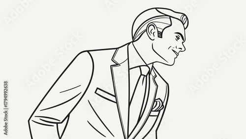 Confident businessman line art in suit looking forward with a smile, modern professional vector design element