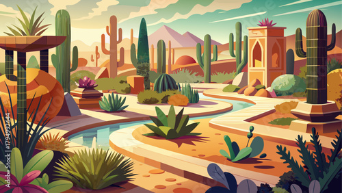 Very beautiful desert garden with sculptural cacti, drought-tolerant succulents, and soft sandy pathways, showcasing harmonious shapes, warm earthy tones, and the serene elegance of resilient desert f