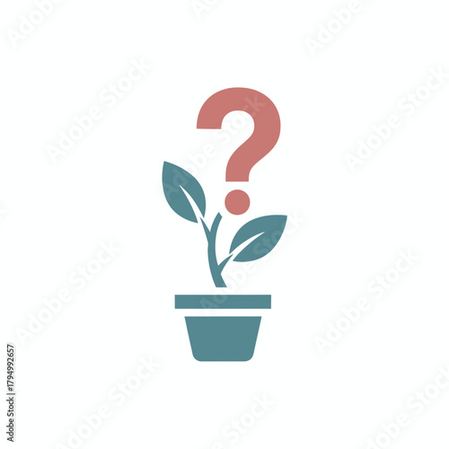 Curious plant sprouts from pot forming a question mark, symbolizing growth uncertainty and the pursuit of knowledge