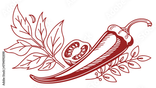 Elegant sketch of hot chili pepper, halved tomato, and leaves for culinary projects and branding needs
