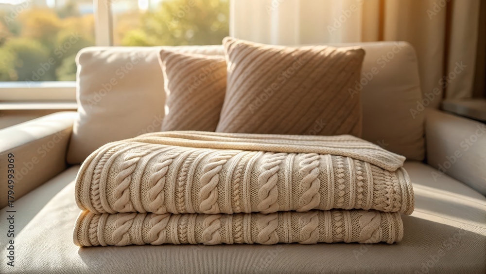 Fototapeta premium Soft knitted blanket folded on a cozy couch with natural light