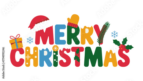 Joyful Greetings: A festive illustration spells out Merry Christmas, adorned with iconic seasonal elements such as a santa hat, snowflake, and gift box.