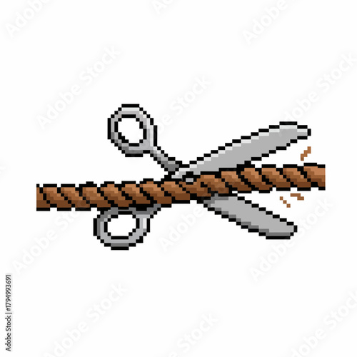 Scissors severing thick rope, symbolizing an end to a connection or a decisive break from a situation