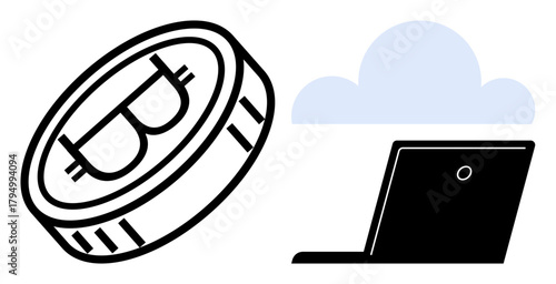 Bitcoin coin beside a laptop and cloud icon, representing blockchain, cryptocurrency, digital storage, secure transactions, decentralized technology, data management, and internet-based finance