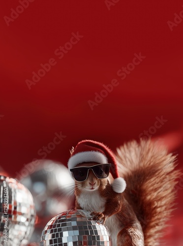 Cooles Eichhörnchen mit Weihnachtsmütze und Sonnenbrille vor Discokugeln