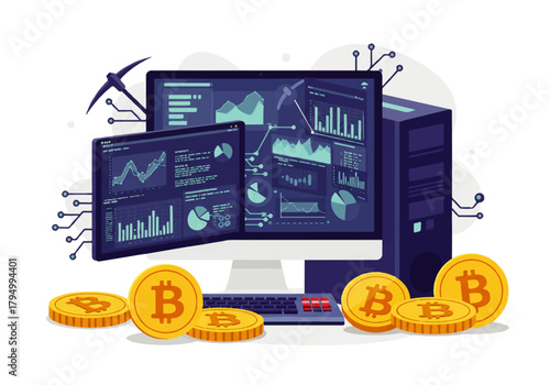 Illustration of a computer setup with charts, graphs, and Bitcoin currency, representing cryptocurrency mining and financial analysis.