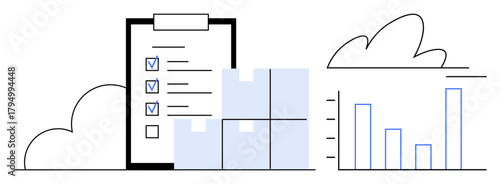 Clipboard with a checklist, stacked boxes, and data bar chart with clouds. Ideal for supply chain, inventory control, logistics, planning, analysis organization reporting. Simple flat metaphor