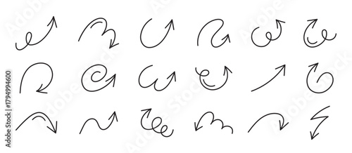 Super set different shape hand drawn arrows. Doodle style curved and squiggly arrows. Vector graphic design.