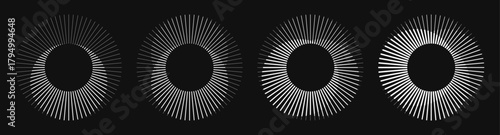Set of rotating radial lines in circle form. Abstract geometric sun rays in different shape and thickness create visual effect of illusion. Design element for logo, prints, template or posters.