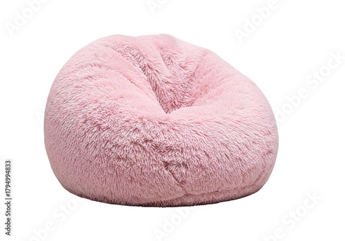 Soft pink fuzzy bean bag chair isolated on transparent background — ideal for interior design mockups, cozy room decor concepts, furniture layouts, and modern comfort visuals.