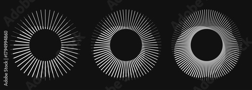 Set of rotating radial lines in circle form. Abstract geometric sun rays in different shape and thickness create visual effect of illusion. Design element for logo, prints, template or posters.