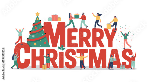 Merry Christmas: A festive holiday illustration featuring a vibrant Christmas tree and cheerful people engaged in various activities, such as exchanging gifts.