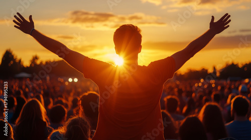 Fototapeta Naklejka Na Ścianę i Meble -  Silhouette crowd sunset outdoor festival joyful summer celebration