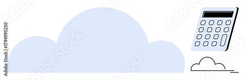 Large blue cloud and calculator suggesting cloud computing, finance, and data processing. Ideal for business, finance, technology, analytics, storage education and digital services. Simple flat