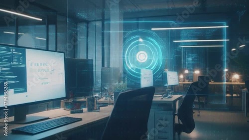 Modern corporate workspace illuminated after dark with computer monitors displaying data