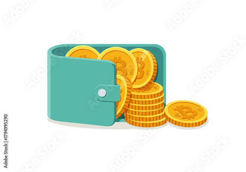 A teal wallet overflowing with gold coins, some stacked, representing digital currency or financial wealth.