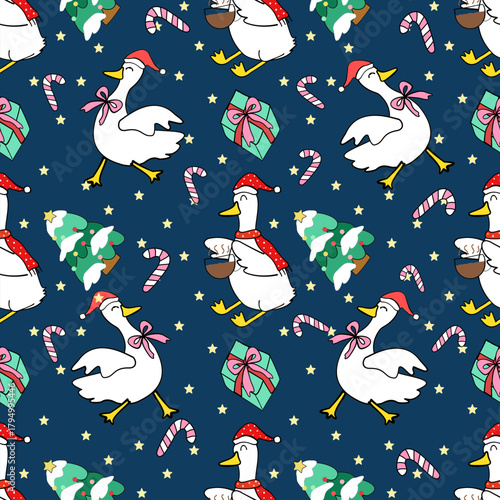 Festive christmas seamless pattern with silly goose ,gif,Christmas tree on snow blue background cartoon hand drawn vector 
