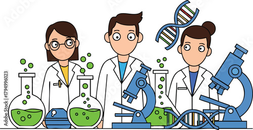 Three Scientists In Lab Coats With Microscopes And DNA Double Helix Illustration