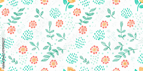 Whimsical hand drawn floral pattern with leaves and abstract shapes in coral and teal on white