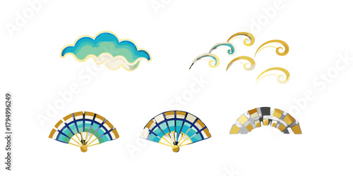 Collection of japanese inspired decorative elements including clouds waves and fans with gold accents