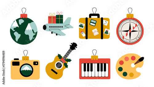 Travel and Leisure Ornaments: A charming array of festive ornaments showcases elements of travel, creativity, and exploration, perfect for the holiday season or wanderlust-themed decor.