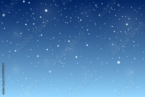 Winter night sky backdrop. Peaceful winter scene with falling snow at night sky. Dreamy seasonal vector for Christmas or New Year greeting card, holiday banner, winter kids book, and festive designs