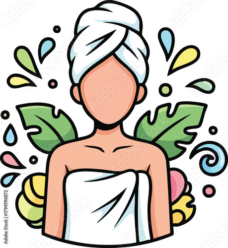 Person Wrapped In Towel With Water Splashes And Tropical Leaves