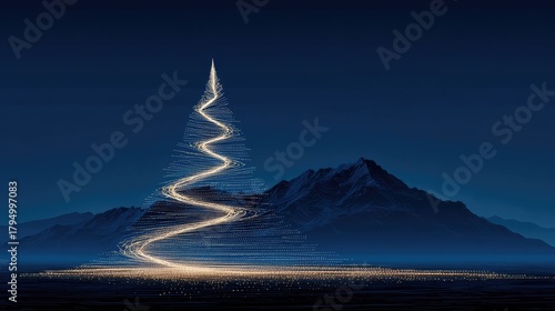 Dramatic Snowy Mountain Landscape with Single Pine Tree, Winter Night Background for Christmas and Holiday Themes