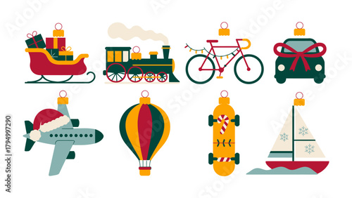 Holiday Ornaments: A charming array of festive ornaments showcases the joy of travel and gifts, each bearing unique symbols of the holiday spirit.