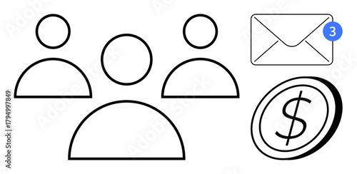 Three people icons symbolize collaboration, an envelope with a notification implies communication, and a dollar coin hints at monetary transactions. Ideal for teamwork, networking, finance