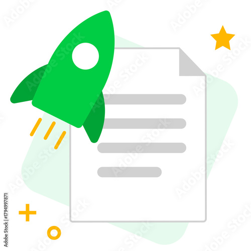 project launch icon vector flat illustration business startup concept with rocket and document