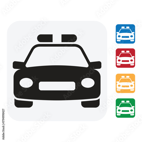 Police car icons in vibrant colors for law enforcement, safety and security visuals, perfect for emergency response designs, crime prevention campaigns, public service