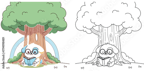 Intellectual Cartoon Puppy with Glasses Reading Under a Large Tree - Educational Coloring Page for Kids