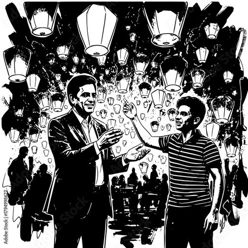 Festival of Lights Celebration, Abstract Humans Releasing Floating Lanterns, Black Line Art, Minimalist Illustration