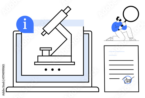 Microscope on laptop screen, researcher examining data with magnifier, and document featuring DNA icon. Ideal for education, research, biology, analytics, innovation, technology and biotechnology