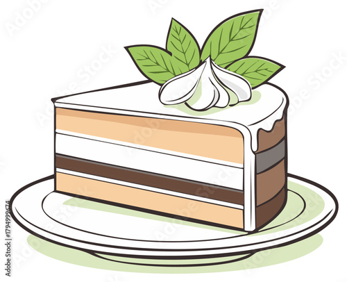 Illustrated slice of multi layer cake with frosting and mint garnish on a plate