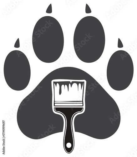 Creative dog paw print logo with a dripping paintbrush vector illustration for a painting service