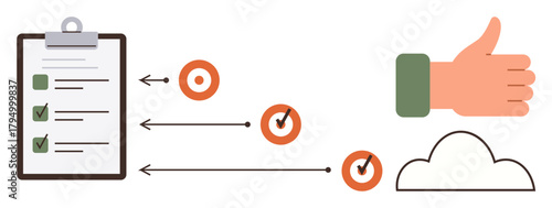 Clipboard with checklist, arrows leading to goals marked complete, thumbs-up approval, and minimal design. Ideal for productivity, organization, task management, success, workflow efficiency