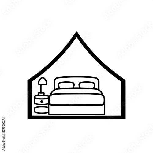 Black-and-white graphic symbol of a home with a symmetrical triangular roof and a rectangular frame featuring a subtle border, inside which sits a centered bed with a simple headboard and a single lam