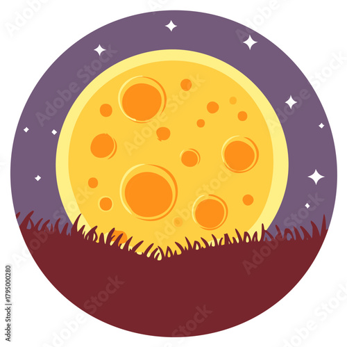 Cartoon Full Moon Over Grassy Hill Under Starry Night Sky Illustration