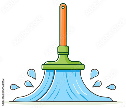 Cartoon mop cleaning with water splashes and blue fabric