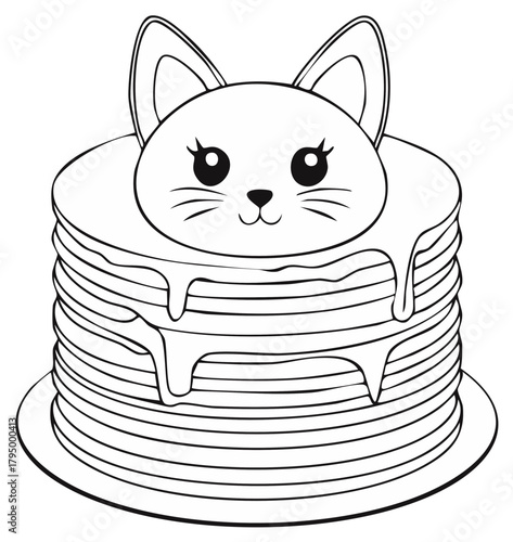 Cute cat face pancake stack with dripping syrup line art illustration