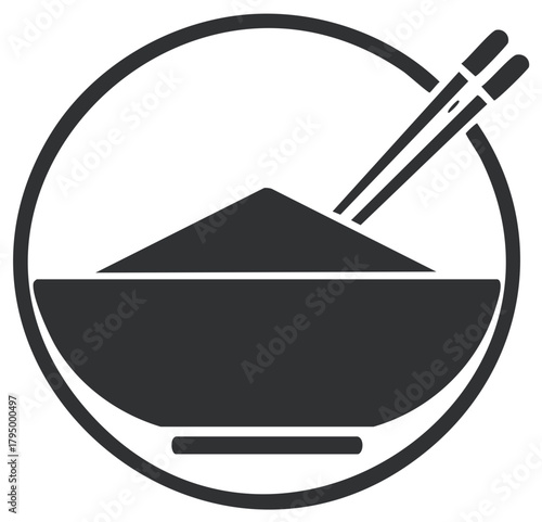 Monochromatic graphic icon featuring a bowl of rice and chopsticks inside a circle