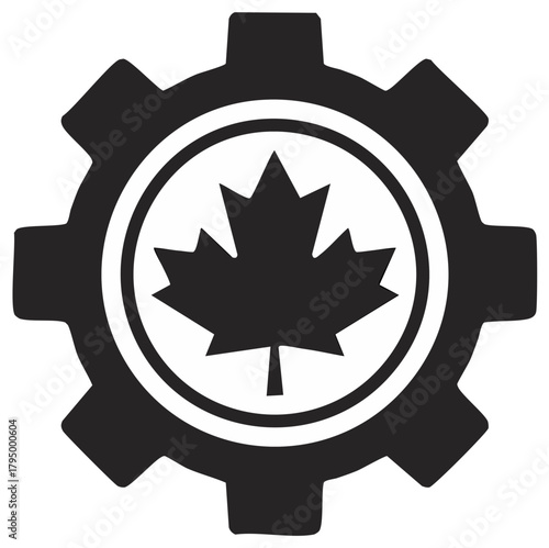 Canadian maple leaf symbol inside a gear emblem representing industry and national identity