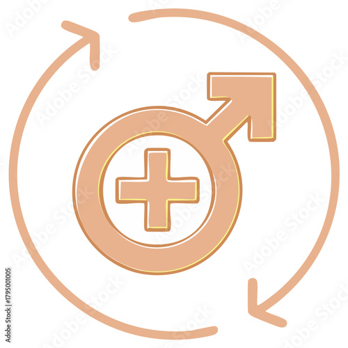 Male gender symbol with cross inside and circular arrows representing cycle or transition